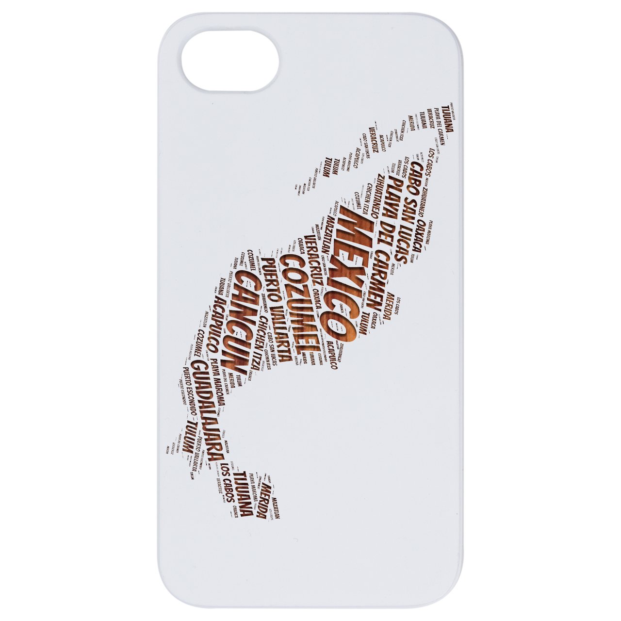 Mexico Word Cloud - Engraved wooden phone case showcasing intricate design and natural wood finish.